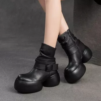 Genuine Leather Buckle & Zip Ankle Boots with Thick Heel